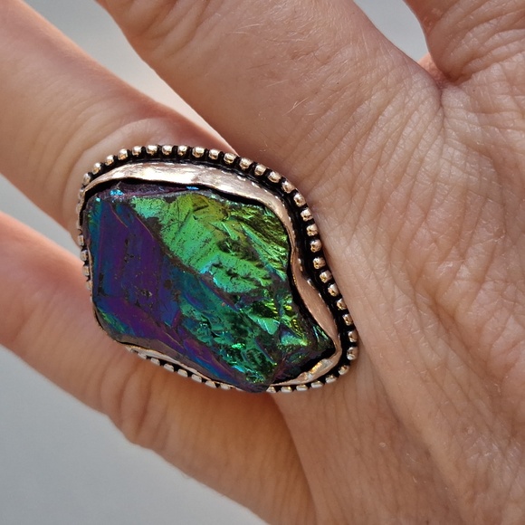 New Rainbow Titanium Crystal Quartz 925 Silver Statement Ring. - Picture 12 of 13